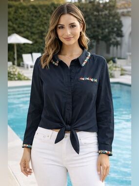 Women’s Navy Tie-Front Button Shirt with Embroidered Trim
